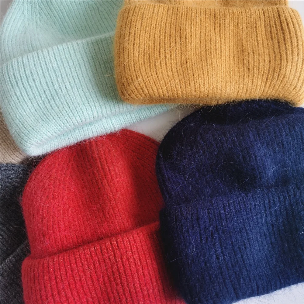 Winter Hat Angora Rabbit Fur Hats For Women Fashion Warm Beanie Candy Color Striped Knitted Hat Women Solid Adult Cover Head Cap