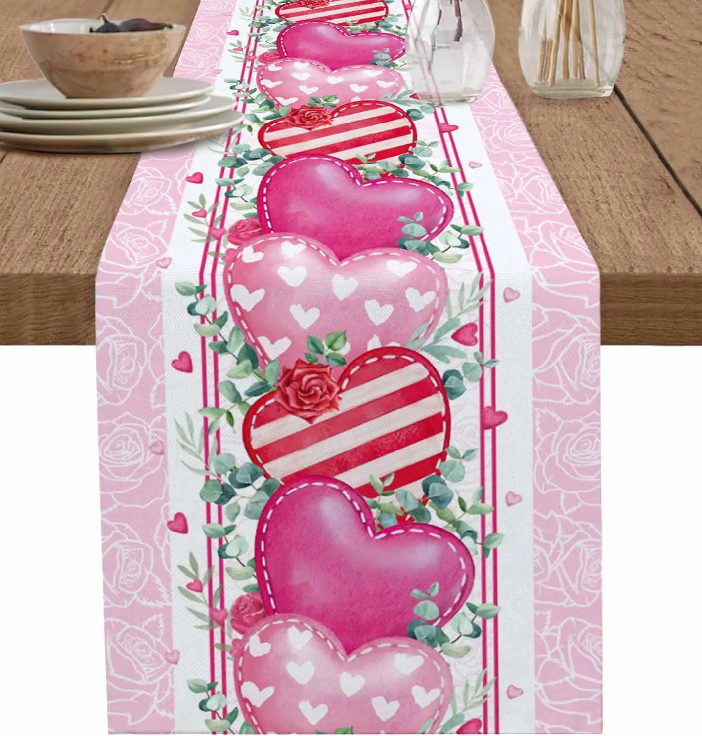 Valentine's Day Pink Love Rose Flower Heart Linen Table Runner Wedding Party Decor Spring Green Eucalyptus Leaves Table Runners