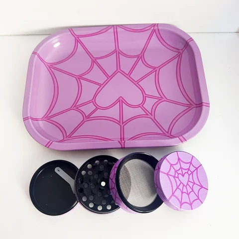 Pink Heart Spider Web Metal Rolling Tray 4 Layers Magnetic 50mm Herb Grinder Dry Tobacco Spice Mill Gift Smoking Accessories Kit