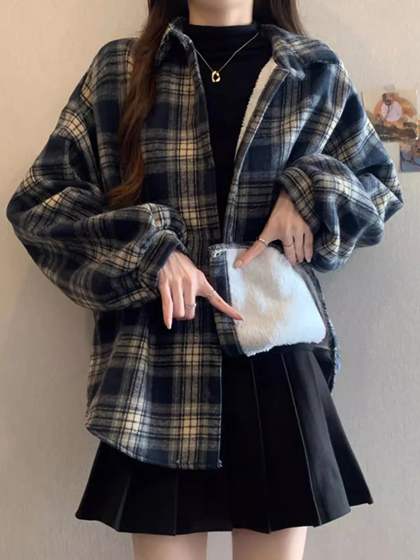 

Laid-ba Sle Long Sve irt Loose Fit Collar Plaid Outerwear for plus Size Women Autumn Winter Casual Thinming