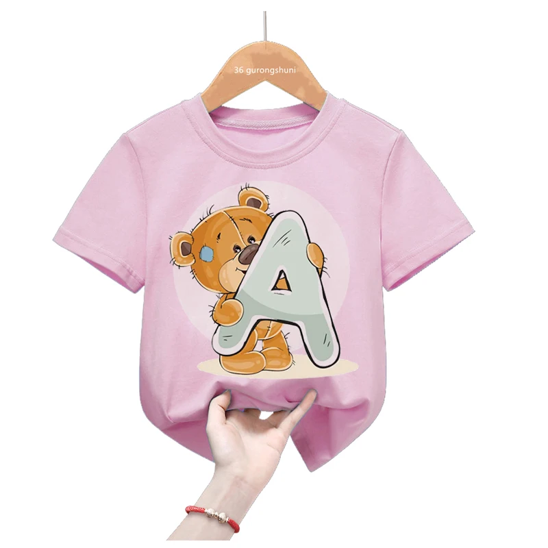 

Kawaii Kids Clothes 26 Alphabet Bear Print Pink Tshirt For Girls Name Custom Birthday Gift T Shirt Kids Clothes Summer Tops Tee