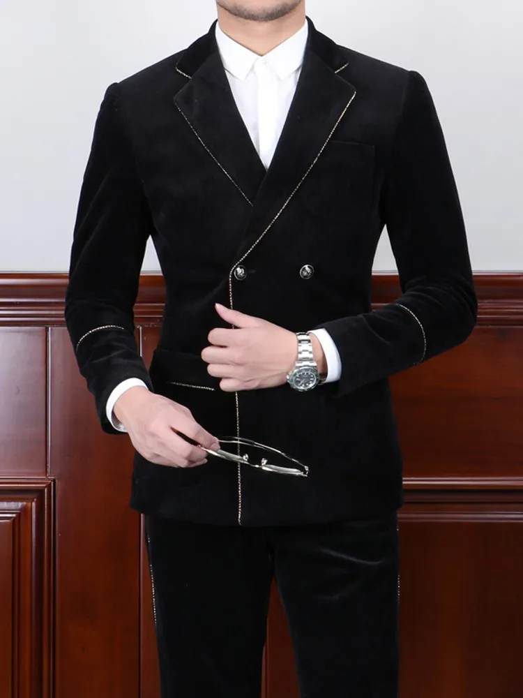 Luxury Men Black Wedding Dress Suit Double Breasted Velvet Formal Two Piece Set Blazer Jacket Business Man Work Suits Outfits