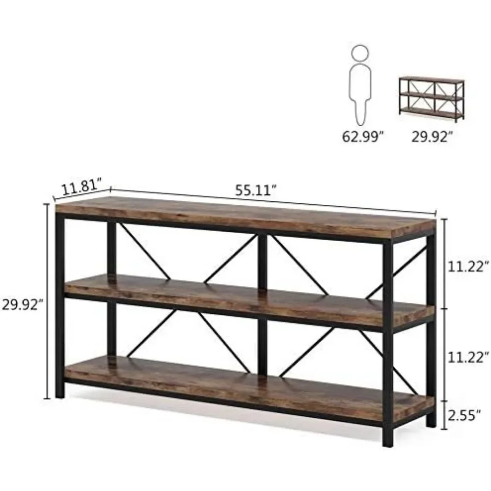 Mesa de sofá de 55 pulgadas de largo con estantes de almacenamiento, consola rústica Industrial de 3 niveles con Estantes abiertos, tres estantes decorativos