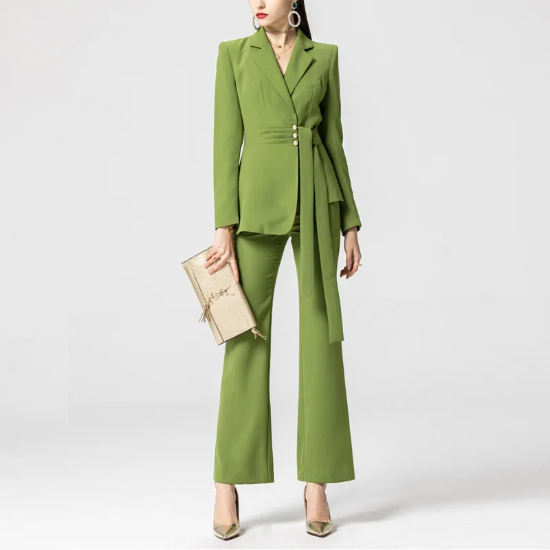 Traje de oficina para mujer, conjunto de chaqueta Formal + Pantalones o falda, vestido de graduación, abrigo de fiesta con dobladillo Irregular, color verde, 2 piezas, en Stock