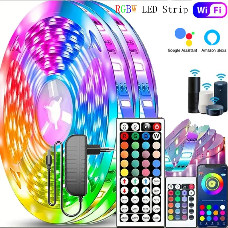 RGBW LED Strip Lights Bluetooth 5050 DC 12V RGB WIFI Flexible Ribbon Waterproof Diode Light Bedroom TV Computer Set+Power Supply