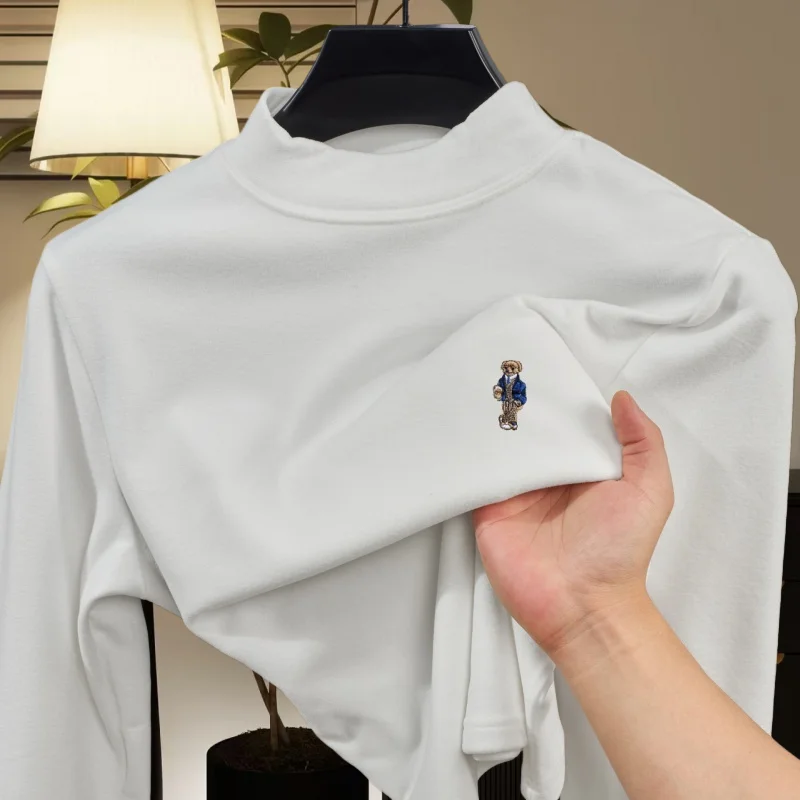 

Элитная модная футболка с вышивкой в виде медведя для мужчин, изысканная, с высоким воротом, новая коллекция весна-осень, комфортный вельветовый пуловер