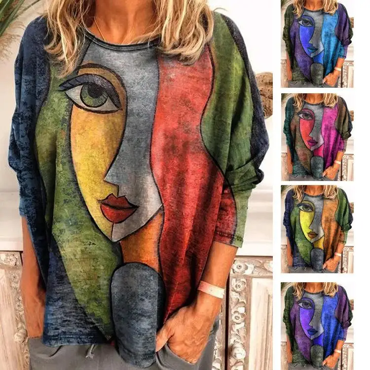 

Large Size Women's Face Printed Long Swedi T-irt Loose Fit Polyester Long Sve Crew Ne Polyester Fiber Printed T-irt
