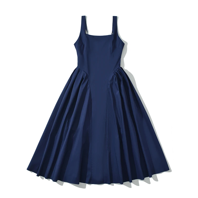 

YENKYE Women Sexy Elegant Navy Blue Tank Dress Square Neck Low Waist A-line Midi Evening Party Dresses Summer Robe 2025