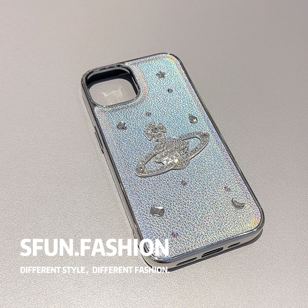 Sparkling Diamond Saturn Phone Case 15 Pro Max Advanced Leather Pattern For iPhone 14 13 12 Pro Max Anti Drop Laser White Cover