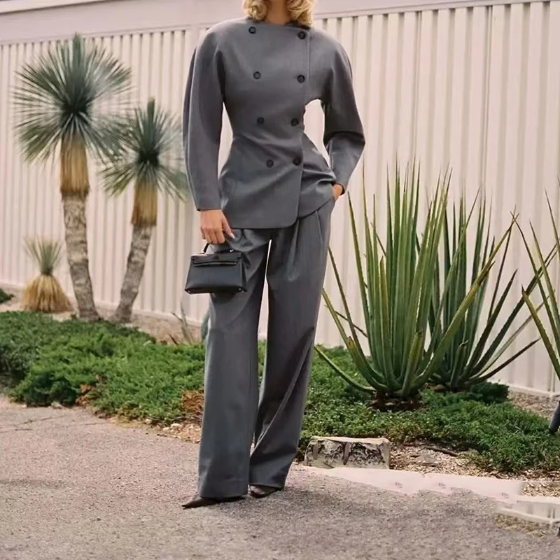 

Women's Round-Neck Double-Breasted Blazer, Vintage-Inspired Waist-Defining Jacket, Premium Suit Pants Ensemble, 2025, Fall, New