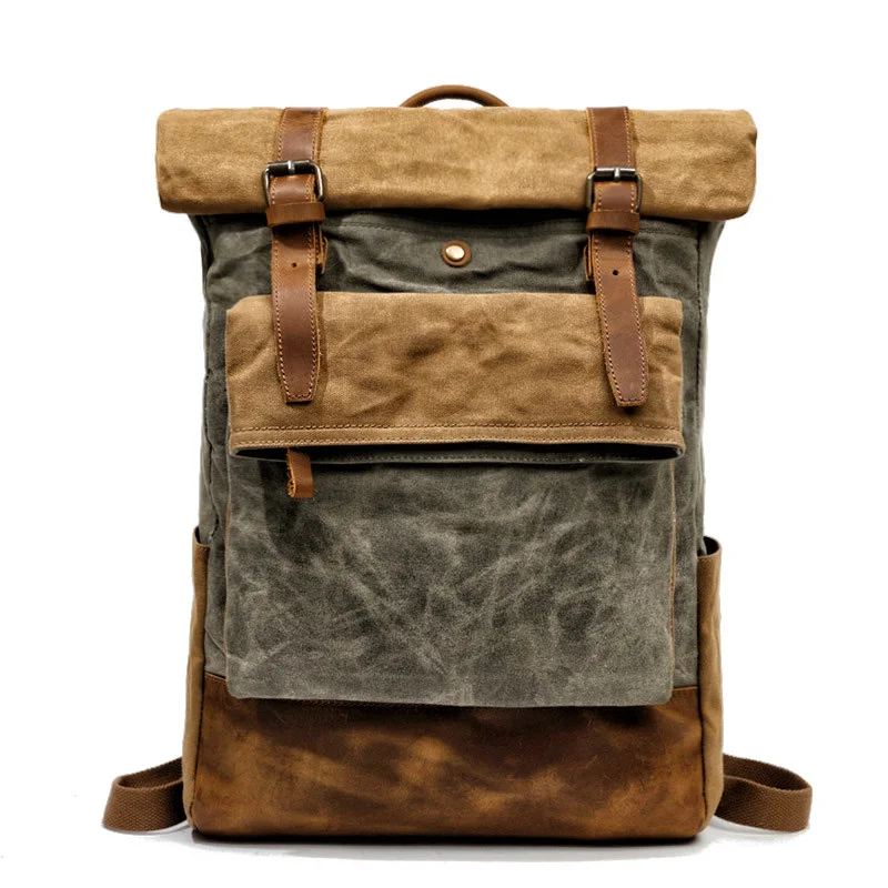 Travel Men Backpack Casual Outdoor Mountaineering Bags Students Computer Backpacks Retro Oil Wax Canvas with Crazy Horse Leather