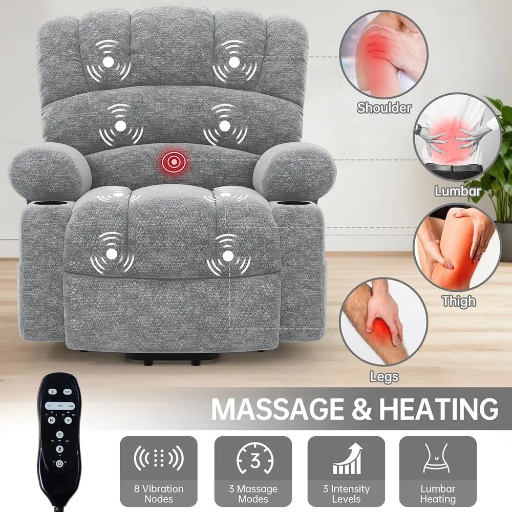 كرسي رفع تدليك كهربائي مع حرارة لكبار السن، مسند ظهر كبير من الشنيل، رمادي فاتح #4