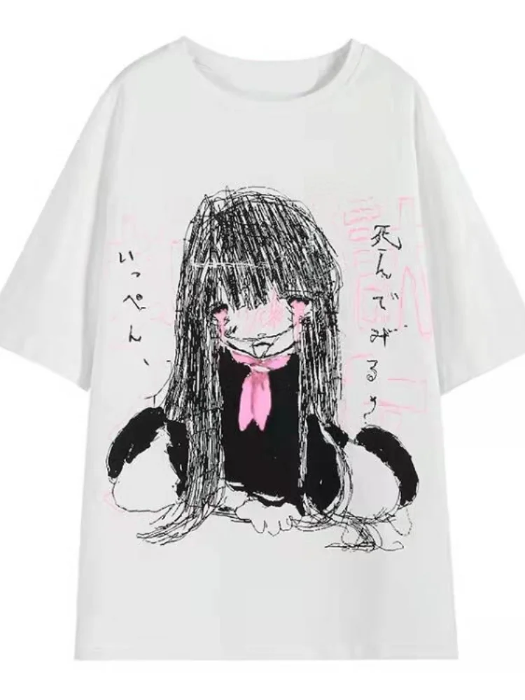 Kawaii Cute Japanese Loose Cartoon Print T-shirt Casual O Neck 2024 Summer Tops Women Short Sleeve Y2k Aesthetic All Match Tees