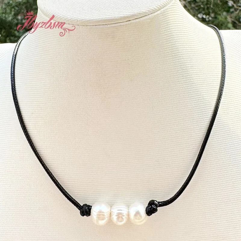 7-8mm Nearround Natural White Freshwater Pearl Black Leather Simple Necklace Classical Jewelry 16-17 inch for Women Party Dress