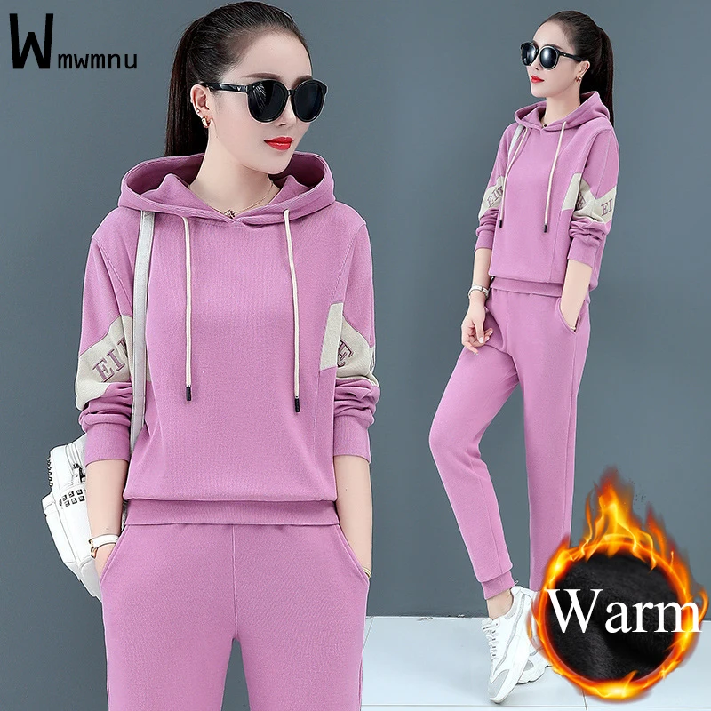 

Winter Add Velvet Women Sports Two Piece Set Plus Lining Thicken Hooded Spliced Casual Pullover Sweatshirt+Jogger Pant Tracksuit