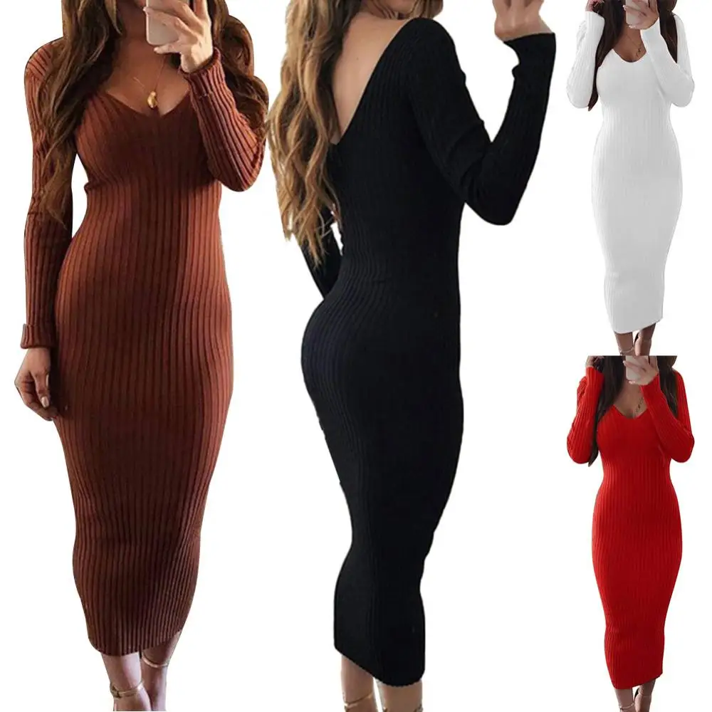 Women Dress Slim Bodycon Long Sleeve Sexy Backless Midi Dress V Neck Ribbed Knitted Midi Dress