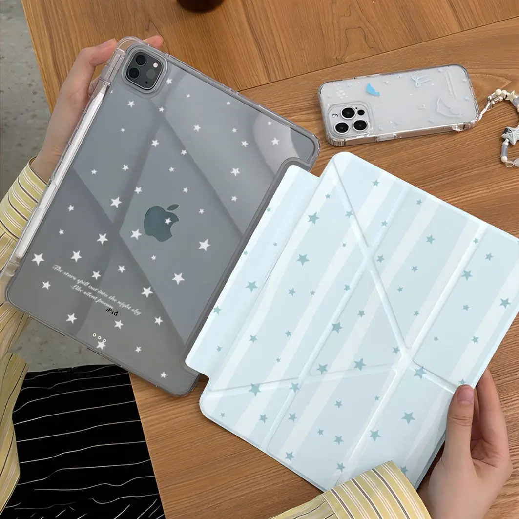 Simple Blue Striped Star iPad Case For iPad Pro 11 13in 2025 iPad Pro 12.9in Air7 10th 11th M4/5 MINI 3y Fold Anti-fall Cover