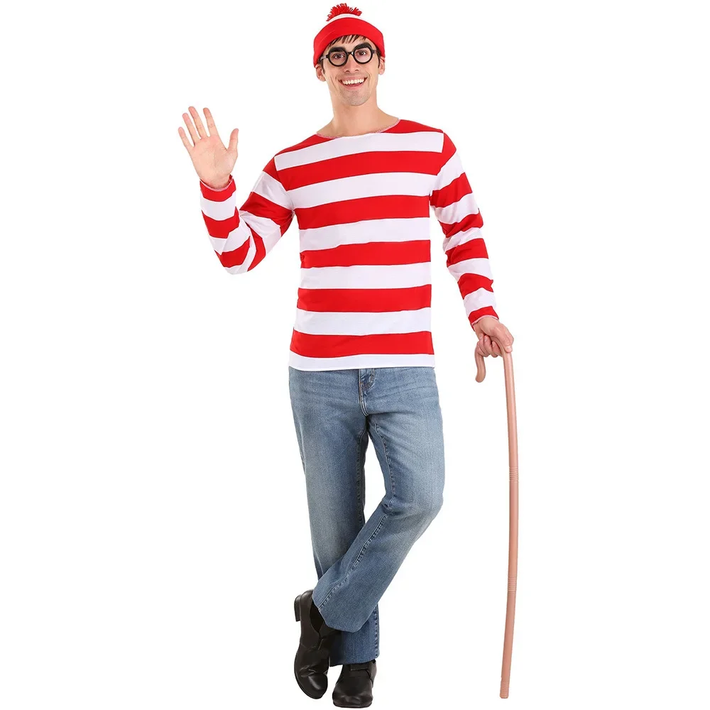 

Where's Wally Waldo TV Cartoon Stag Night Outfit Mens Fancy Dress Costumes Halloween Red Stripe Shirt Christmas Outfit Costume