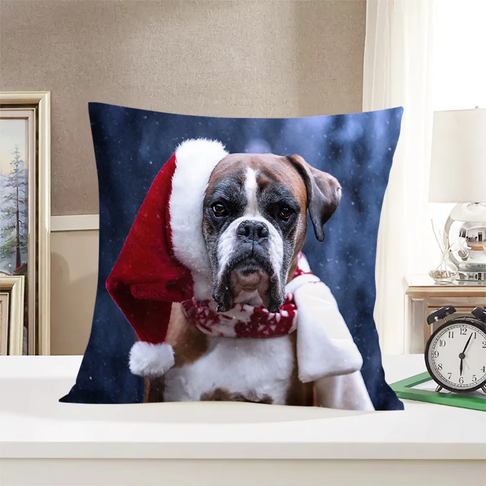 Home Decor Fashion Merry Christmas Pet Dog Boxer Print Polyester Pillowcase For Bedroom Living Room 45x45cm funda de almohada