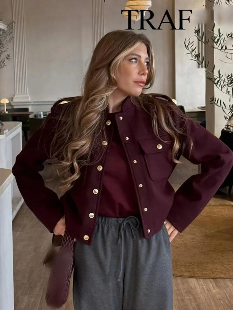 TRAF Women Jackets Wine Red O-Neck Long Sleeves Pockets Buttons Single Breasted Coats Autumn New Chic Ladies Tops