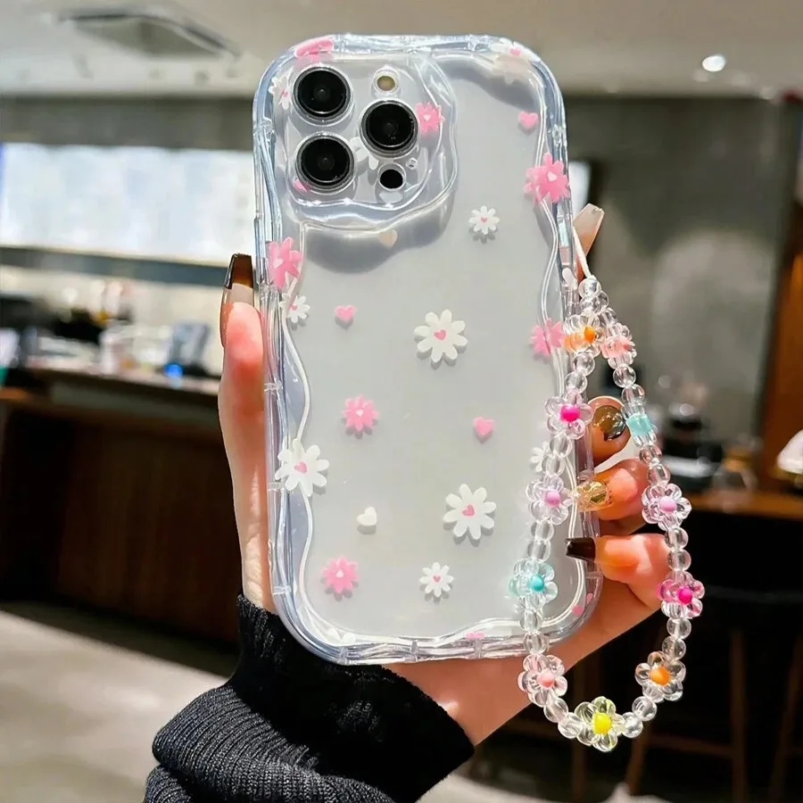 Colorful Flower Beaded Phone Lanyard, Cute Clear Crystal Wrist Strap Anti-Lost Phone Charm for iPhone Samsung All Smart Phones