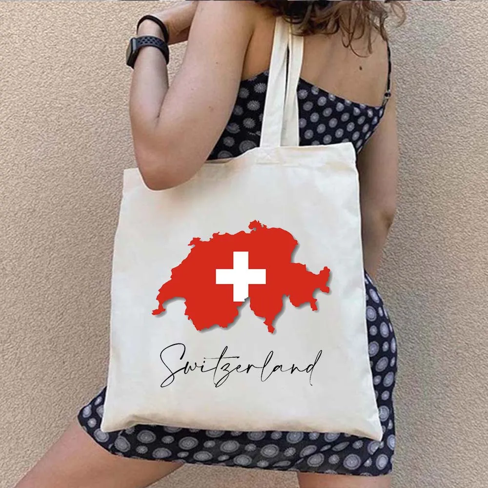 Vintage Schweiz Länderkarte Flagge Schweizer Mädchen Zürich Skyline Emblem Chillon Schloss Lucerne Canvas Tasche Shopper Schulterhandtasche