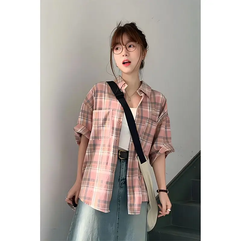 Summer new POLO plaid short-sleeved shirt niche Korean sweet top short-sleeved shirt for women to wear trendy