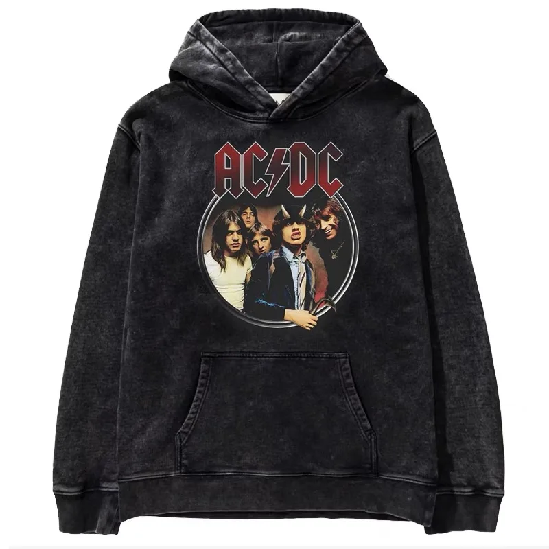 80 Years ACDC Band Music Rock Oversize American Retro Done Old Washed Batik Loose Plus Size Hooded Sweater