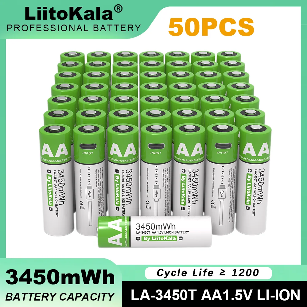 50PCS Liitokala Type-C USB Fast Charge LA-3450T AA 1.5V 3450mWh Lithium Rechargeable Battery Large Capacity  for Mouse Toy