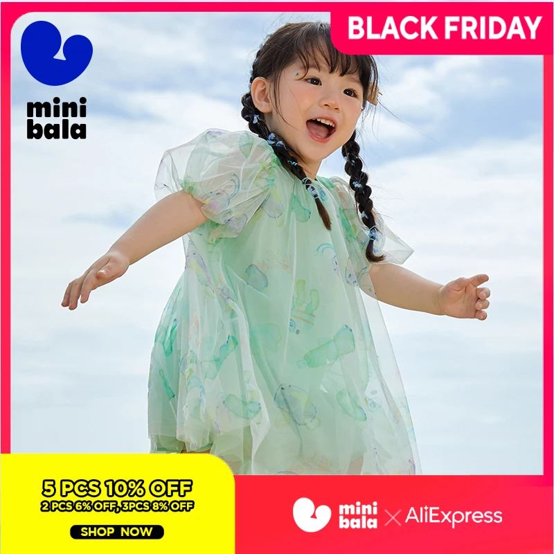 

Mini Bala Elegant Party Dresses Princess Dress with Baby Print Tulle Puffed Sleeves A-Line Dress Baby Girl Dress 1-3Y