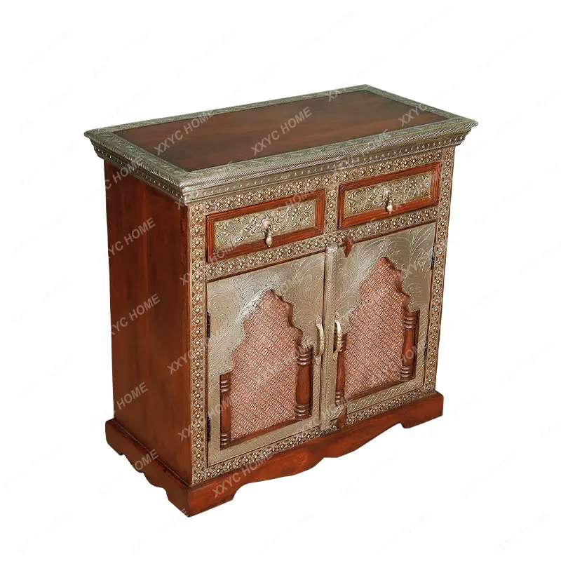 Indian Copper Clad Wood Vintage Solid Wood Bedroom Locker Living Room Decorative Storage Chest of Drawer Small Apartment