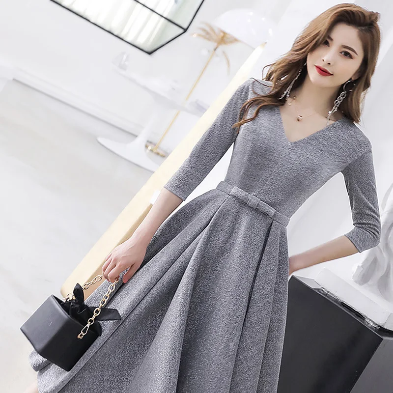 Vestido De Fiesta It\'s Yiiya BR309 Silver Gray Shining Prom Long Elegant Dresses V-neck Three Quarter Sleeve Formal Gowns 2020