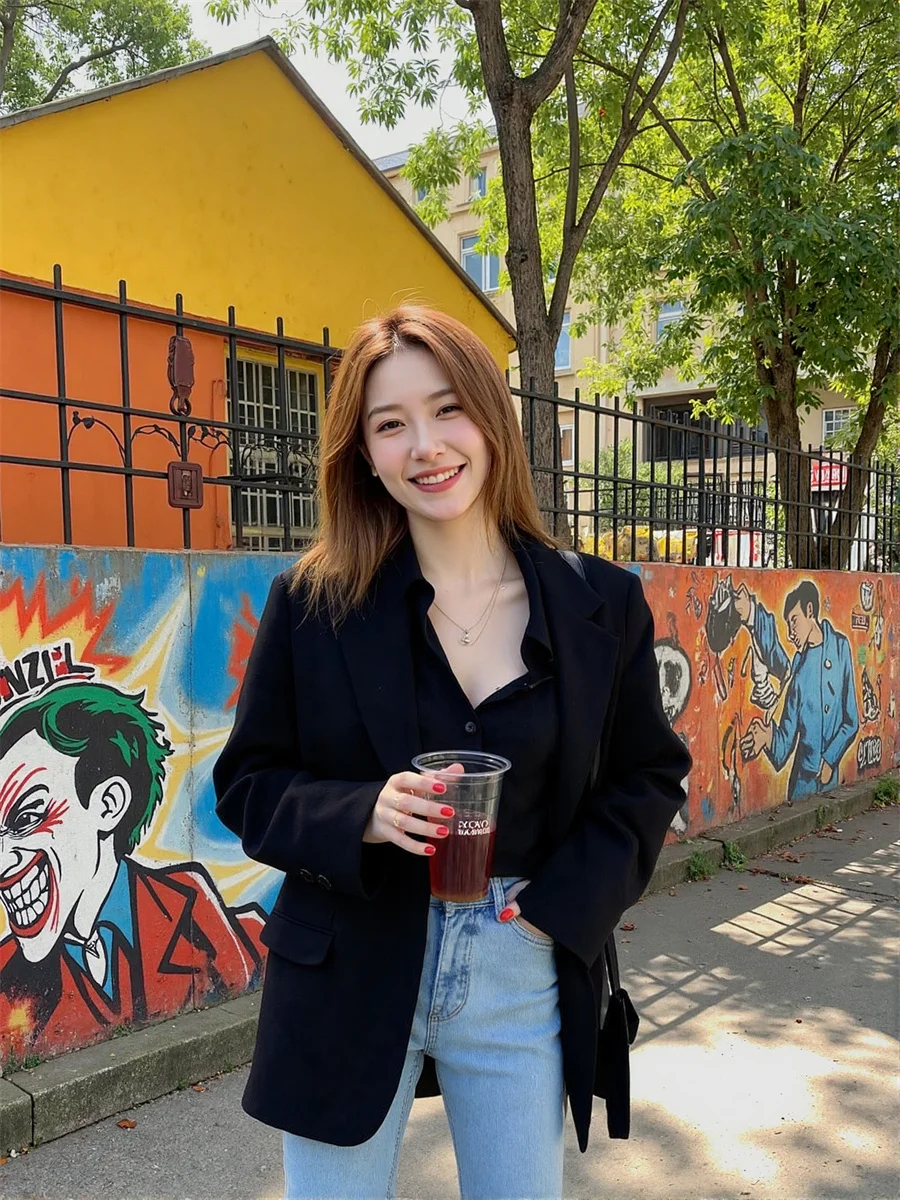 Women'S Modern Blazers Black White Turn-Down Collar Chaqueta O Neck Color-Blocked Cuffs Holiday Solidcolor Sleevebuttons Evening