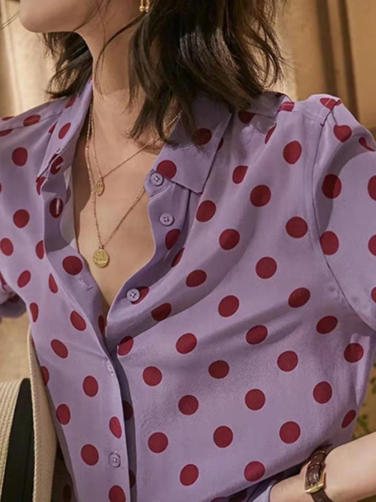 

Purple Polka Dot Chiffon Long Sve Women's irt Versatile Design Sense Minori Top Korean Sle Loose Fit Button Detail