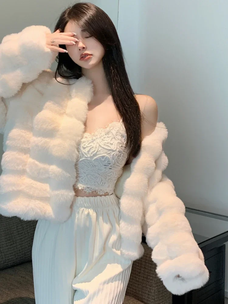 2024 Winter mode Kunst pelz Mantel Frauen Korea Mode warme Feder mäntel Strickjacke kurze Obermantel Dame Party elegante Outfits neu