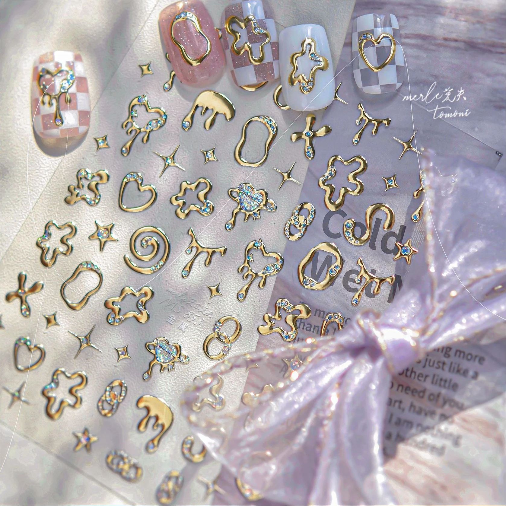 Letters de Lava fluentes irregulares, línea de estrella, cadena de corazón de amor, borde plateado estampado dorado brillante, pegatinas elegantes para decoración de uñas, calcomanías para manicura
