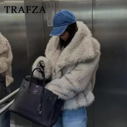 TRAFZA 2024 autunno inverno donna Casual giacche in pelliccia sintetica moda Streetwear solido oversize colletto rovesciato eleganti cappotti spessi