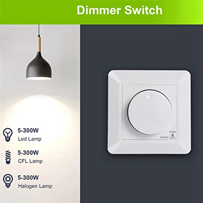 LED Dimmer Switch, Flush-Mounted Dimmer for Dimmable LED and Halogen, 5-300 W Dimmer Switch LED, Phase Control Dimmer