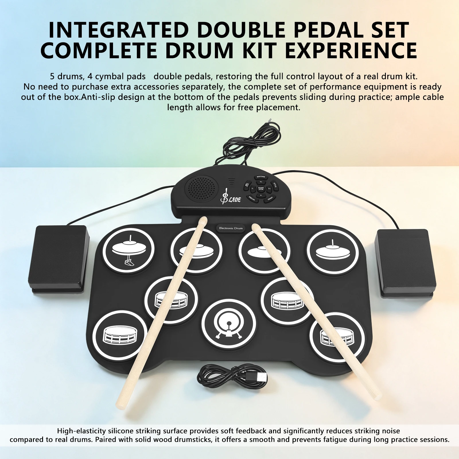 SLADE Hand-Rolled Drum 9 Drum Pads 5 Drumheads 4 Cymbals Built-In Speaker SD-9 Portable Suitable For Indoor Practice