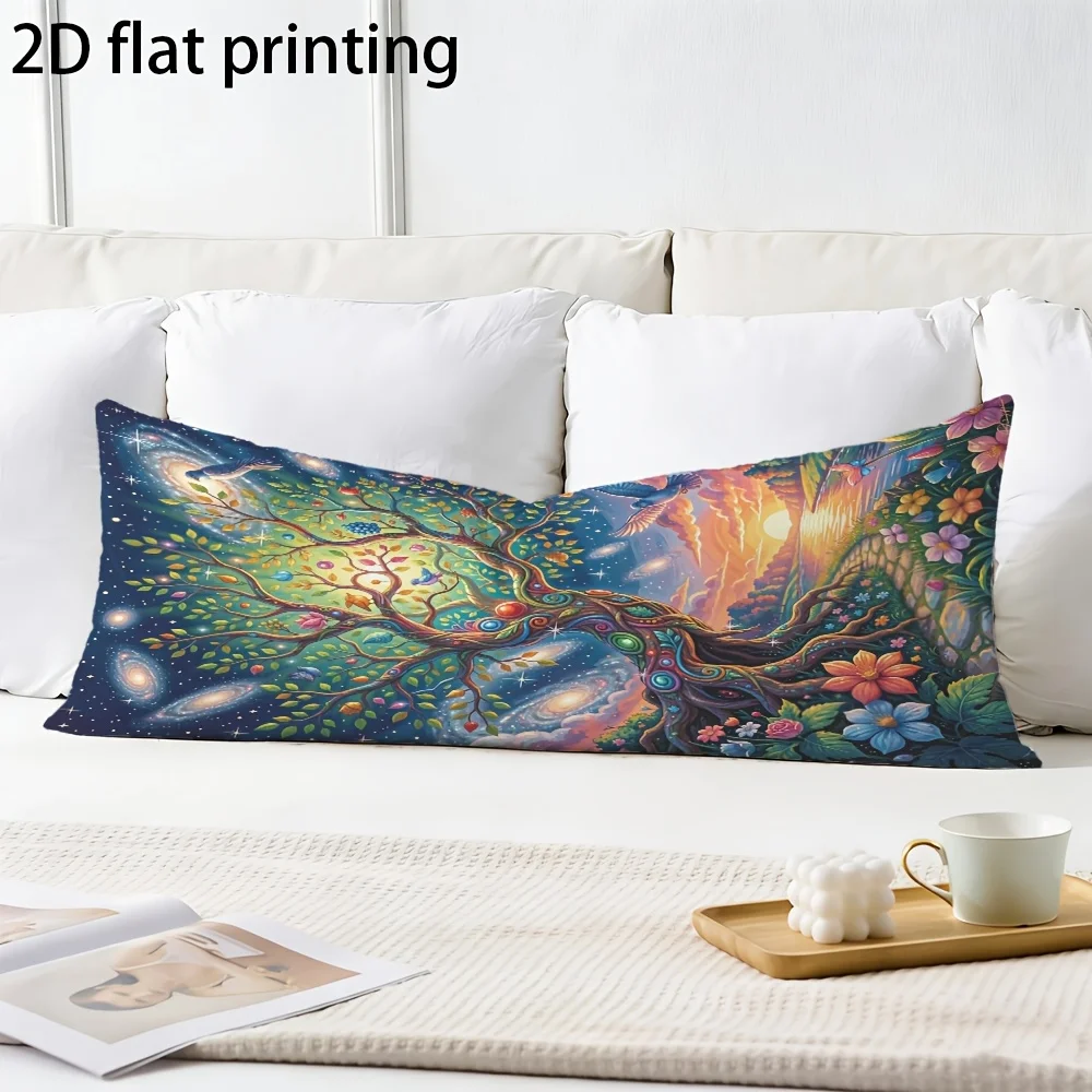 2D Flat - Long Pillowcase, 2D Printed Design, Dreamy Starry Sky Life Tree Pattern, Full Body Support Pillow Cover, Durable Fabri