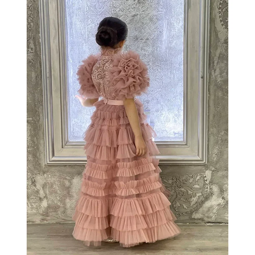 Vestido em camadas requintado com cristal de luxo borla gola alta em camadas plissado linha a até o chão vestidos de festa para meninas baile de formatura 2023