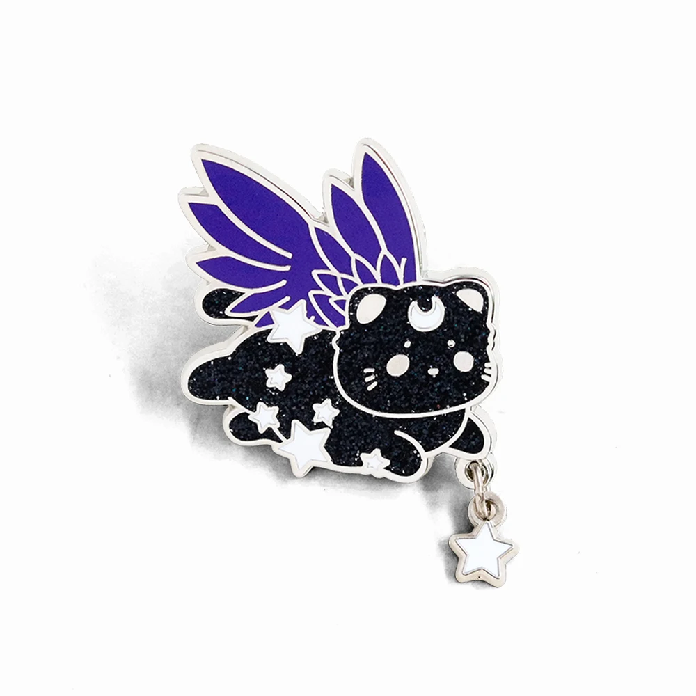 Niedliche Brosche mit geflügeltem Katzenmotiv, Stern-Mond-Cartoon-Tier-Abzeichen, Stern-Anhänger, kreative Emaille-Pin, modisches Kragen-Schmuck-Accessoire, Geschenk – Detail 1