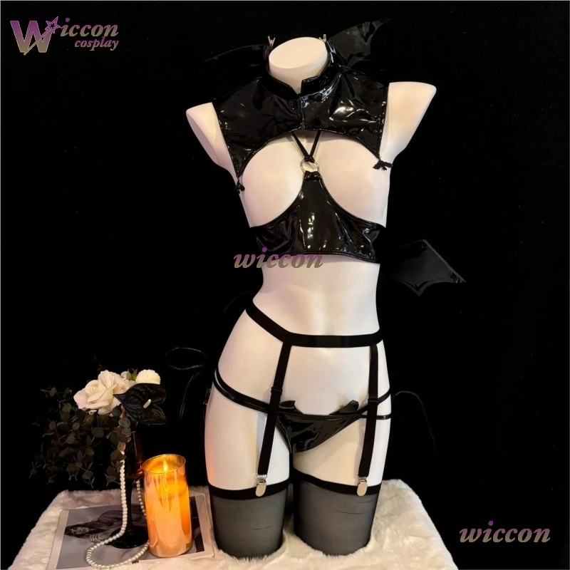 Moe/  Halloween Women Rivet Straps Devil Wings Bra Underwear Dark Night Demon Leather Unifrom Pajamas Outfits Costumes Cosplay