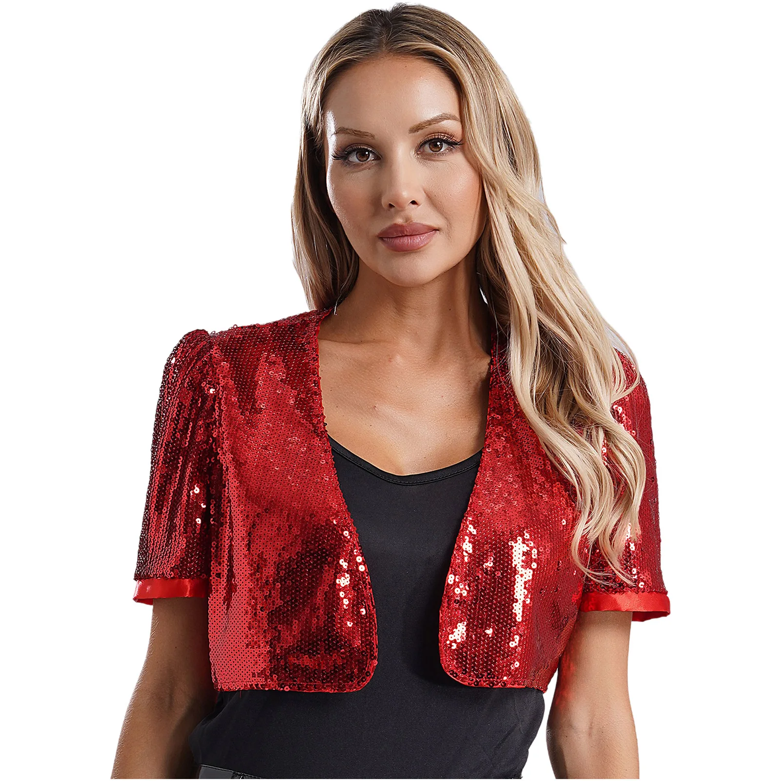 Womens Glitter Sequin Cropped Tops Outerwear Short Sleeve Open Front Fully Lining Cardigan Crop Jacket Tops Stylish Clubwear