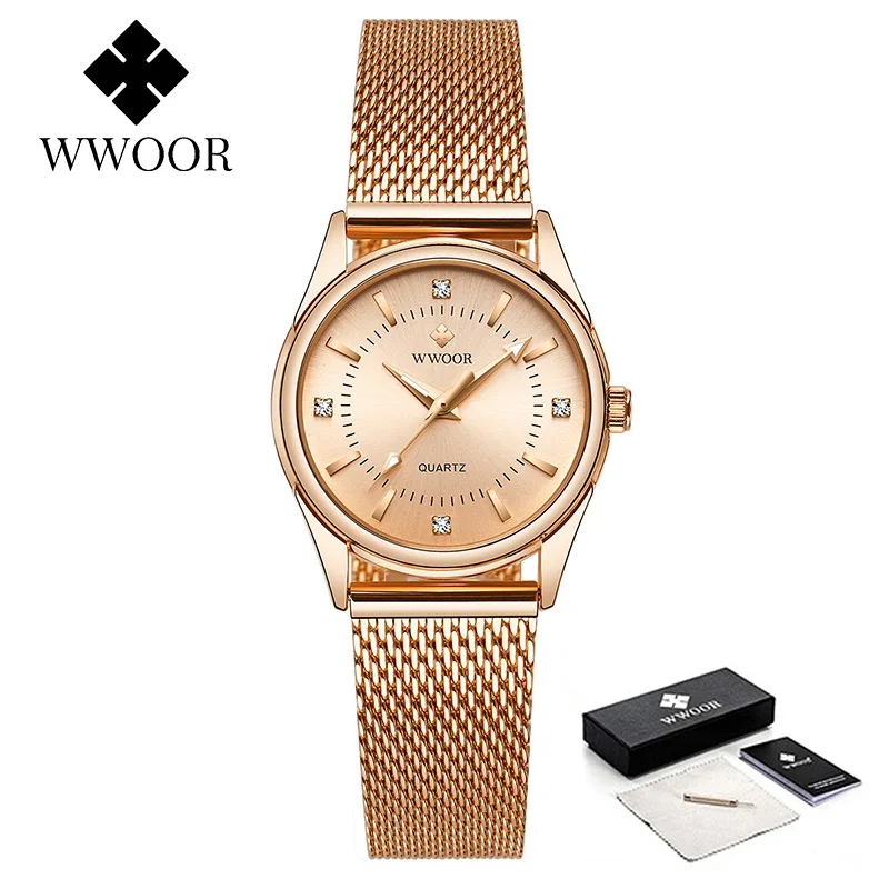 WWOOR 2023 Casual Women Dress Rose Gold Mesh Belt  Fashion Diamonds Wristwatch Waterproof Simple Female Quartz Watch Reloj Mujer