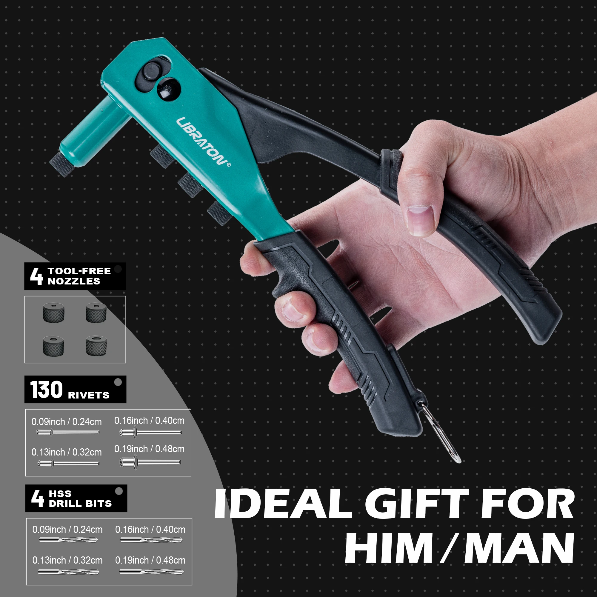 Libraton Rivet Gun Kit with 130 Blind Rivets, 4 HSS Drill Bits, 4 Tool-free Riveter Heads Heavy Duty Rivet Tool Hand Riveter