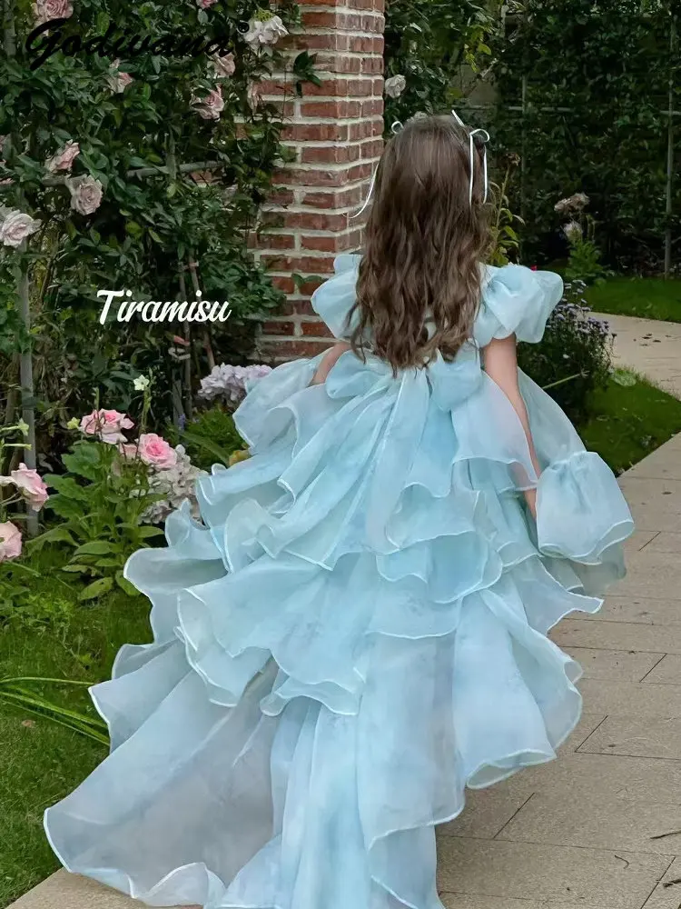 Sweet Girls Summer High End Gradient Long Tail Princess Dress Kids Fashion Puff Sleeve 3D Floral Mesh Ruffle Trim Birthday Gown