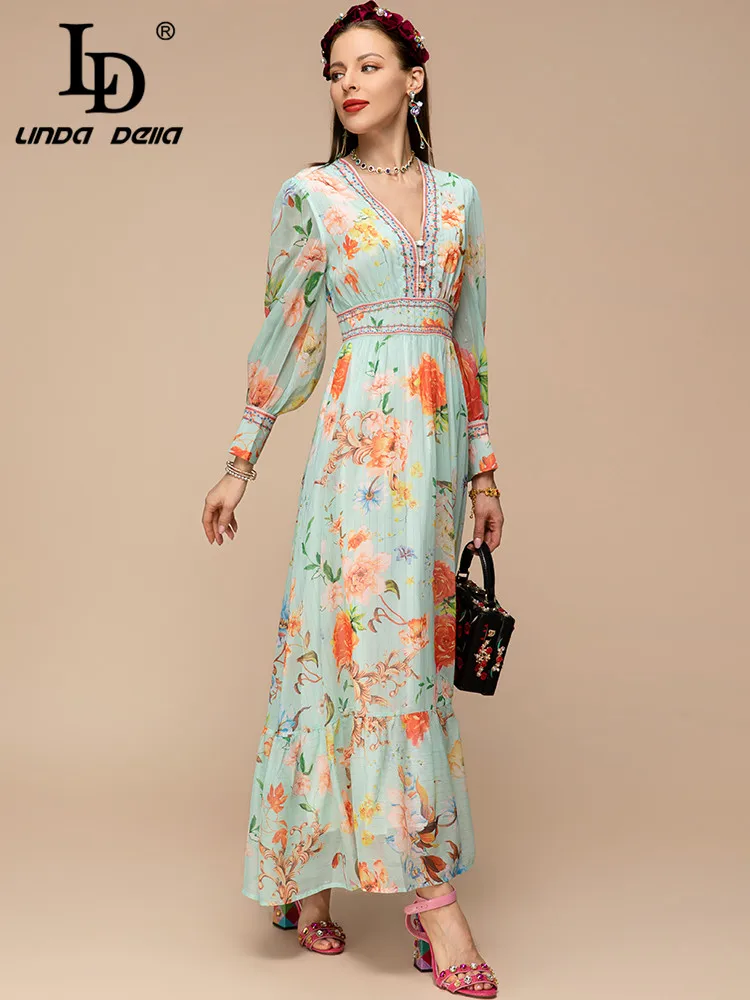 LD LINDA DELLA New 2023 Spring Summer Fashion Women Vintage Elegant Big Swing Long Dress V-Neck Button Slim Floral Print Dress