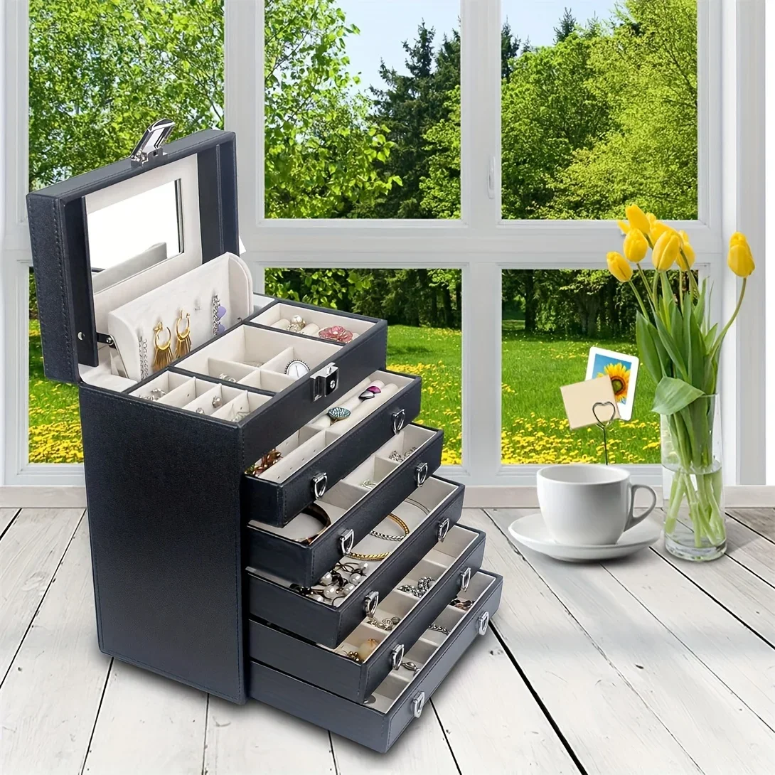 

6-Layer Large Leather Jewelry Box for Women, Jewelry Organizer Box with Mirror for Necklaces, Rings, Bracelets Jewelry