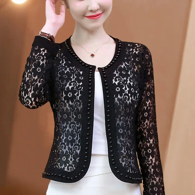 Elegant O-Neck Hollow Out Beading Cardigan Lace Shirt Women\'s Clothing 2023 Autumn New Oversized Casual Tops Office Lady Blouse